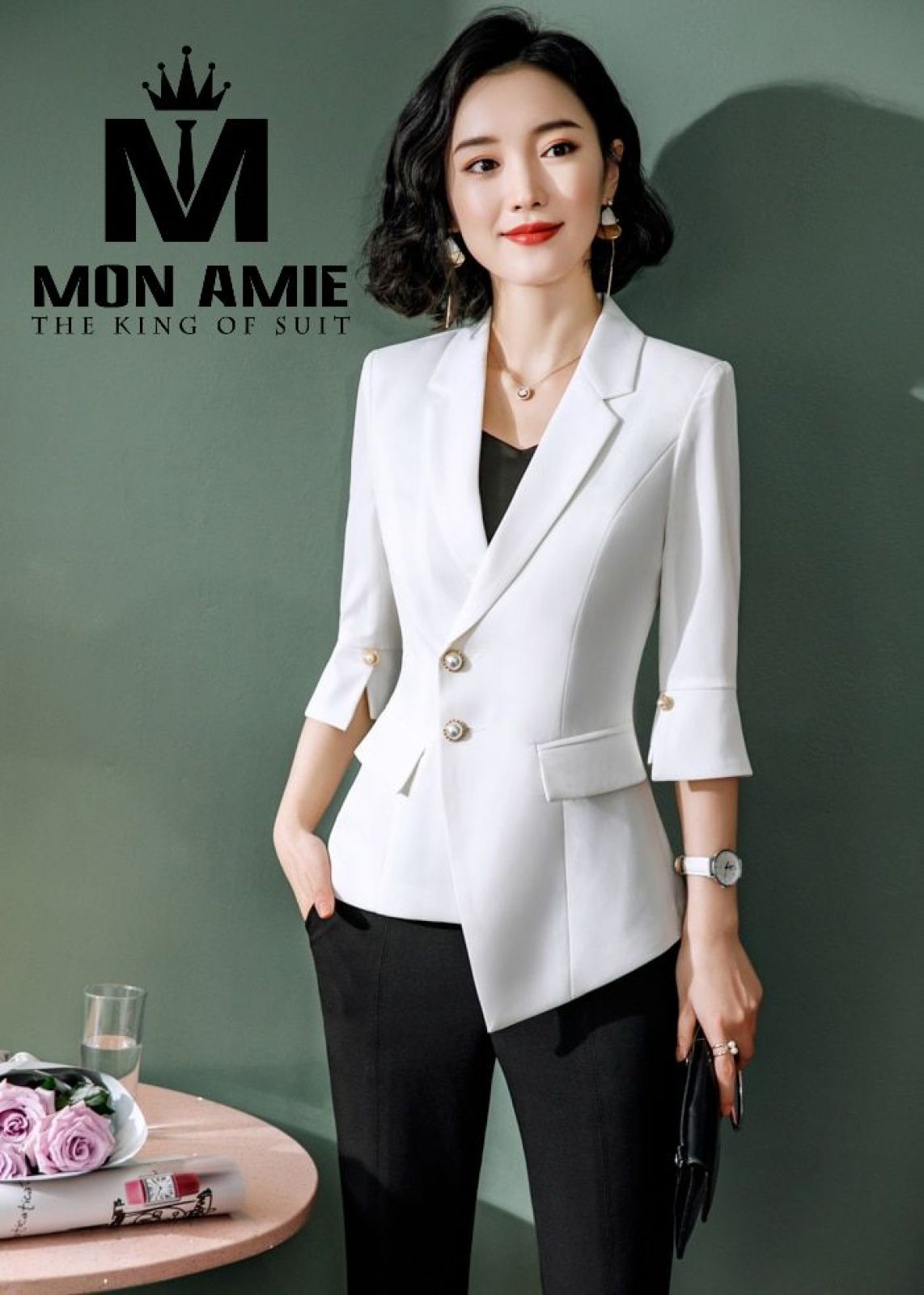 White Assymetrical Notch Lapels Suit With Trousers 